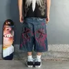 Shorts masculins harajuku nouveaux motifs de croix géométrique populaires brodés shorts denim surdimensionnés pour les hommes 2000 pantalons hauts hip hop y2k baggy h240425