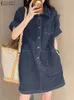 Zanzea джинсовая рубашка платье для рубашки лето женщины с коротким рукавом солнечный закат мода сплошная халата повседневное выключение мини -платьев 240417