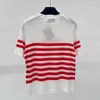 여자 티셔츠 디자이너 하이 버전 24 여름 새 P 가족 편지 Jacquard Stripe 패션 간단한 니트 짧은 슬리브 여성 CG1P