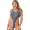 Women's Swimwear Women Sexy High Cut Bodysuit Oil Glossy Thong Leotard One-piece Swimsuit Sleeveless Stretchy Tights Bathing Suit