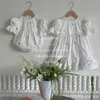 Rompers Cute Little Girl Lace Floral Embroidery Romper Baby Bubble Short Sleeve Jumpsuit Big Sister White Dress 2023 Summer Kids Clothes H240425