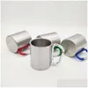 Stock 220ml in Mugs Wholesale Outdoor Stainless Steel Coffee Mug Travel Cam Cup Carabiner Aluminium Hook Double Wall Camp Equipment Dh6om Staless Caraber Alumium p