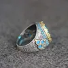 Band Rings Exquisite Round Inlaid Blue Stone Sky Zircon Fashion Metal Two Tone Engagement Wedding for Women Men Jewelry H240425