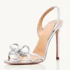 SHOES sheepskin Dress 2024 patent satin new women leather Stiletto heels round open toes diamond bowties party wedding Cross-tied Elastic Narrow Band big siz 100