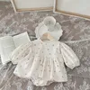 Rompers miniainis primavera novo bebê redondo racha de pescoço garotas princesa floral macacão solto menina de manga longa vestido de roupa de manga longa 0-2 anos d240425