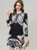 Women's Runway Dresses O Neck 3/4 Sleeves Printed Beaded Fashion High Street Mini Vestidos