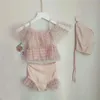 Endelar 2023 Summer Korean Princess Baby Girl Plaid Swimsuit Split Kids Badkläder med hatt Barn Baddräkt 1-7T Girls Bikini Set H240425