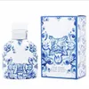 Açık mavi erkekler yaz atmosfer baskısı 125ml pour homme eau de toilette parfüm için mavi ve beyaz porselen aromatik odunsu not uzun ömürlü hızlı teslimat