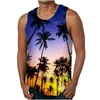 Herrtankstoppar palmträd grafisk topp för män 3d tryck ärmlösa strandmän överdimensionerade Hawaii väst t-shirt kläder