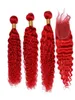 Deep Curly Wave Indian Virgin Human Hair Light Red Weave Bunds med stängningsröd färgade vågiga hår wefts med 4x4 spets topp Closu5862417