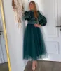 Partykleider edel langes grünes Tüll Abend A-Linie Satin Muslim hoher Nacken-Knöchel-Länge-Prom-Formalkleid für Frauen