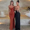 Robes décontractées 2024 Sexy Fall Tenues Femmes Sans manches Bandage Bandage Robe satin haute tunique Long Maxi Soirée Slip Black