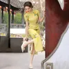 Etniska kläder gult tryck cheongsam kvinnor förbättrade kort ärm vintage klänning slim-fit kinesisk stil qipao s till 3xl