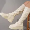 Bottes 5 paires en vrac en gros femmes cuisse haute couture rond orteil de semelles épaisses chaussures vintage en cuir de moto britannique 8869