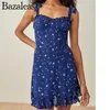 Casual Dresses 2024 Elegant Women's Adjust Star Print Blue Mini Ruffle Dress Vintage Split Party