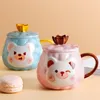 Mugs Ceramic Cartoon Bear Hand Painted Coffee Breakfast Milk Mug With Spoon And Lid Couple Water Cup Office Teacup Drinkware 380ML