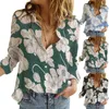 Women's Blouses Flower Print Button Down Long Sleeve Shirt For Women Casual Floral V Neck Graphic Tops