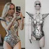 Bühnenbekleidung Spiegel Bodysuit Frauen Tanz Kostüm Golosilver Pailletten Fliegen Schulter hohl Out Raveoutfit Stage Performance Kleidung Gogo Show D240425