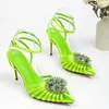 Sandals Roman Yellow Rhinestone Stiletto Women Round Toe Ankle Buckle Strap Solid Summer Fashion Party Shoes