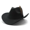 Chapéus de aba larga Chapéus de balde Fedoras Hat para mulheres Luxo Capéu de cowboy ocidental Novo cavalheiro gostoso chapéu de cinto de penas