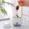 Tumblers 320ml Portable Ceramic Office Cup With Filter Travel Coffee Tea Festival Gift Lovely Cat Tableware Chinese Style H240425