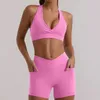 Al-187 Solid Color Bra Shorts устанавливает женский йога-костюм с высокой талией спортивные спортзал шорты бег пилатес