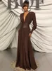 Runway Dresses 2024 Women Sexy V Neck Brown Long Sleeve Dress with Sashes Evening Party Birthday Club Celebrity Prom Gown Vestido