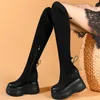 Boots Platform Pumps Women Lace Up Genuine Leather Wedges High Heel Over The Knee Female Round Toe Fashion Sneakers Casual Shoes