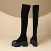 Stiefel Mili-Miya Modeplattform Frauen Kuh Lederstretch Kid Suede Spleißen über dem Knierutsche auf super hohen dicken Absätzen