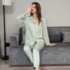 Högkvalitativ pyjamas Set Women Men Summer Ice Silk Long Sleeved Pants Thin Satin Homewear Suit Man Famle Par Pajamas Teen 240410