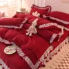 sets Pink Lace Ruffle Bowknot Duvet Cover Bed Skirt Linens Pillowcases Luxury Bedding Set For Girls Woman Decor Home