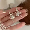 Dangle Chandelier Korean Silver Color Bow Pearl Pendant Earrings For Women Minimalist Metal Asymmetric Temperament Earrings Jewelry Valentine Gift