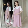 Maternity Dresses Summer Postpartum Woman Fashion Breastfeeding Clothing Short Sleeve O-Neck Nursing Dress with Belt Maternity Lactation Dresses