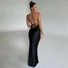 Casual Dresses 2024 Sexy Fall Outfits Women Sleeveless Backless Bandage Satin Dress High Waist Tunic Long Maxi Evening Party Slip Black