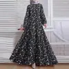 Ethnische Kleidung Frauen Truthahn Muslim Kleid O-Neck Maxi Robe Spring Fashion Party Vintage Kleider Langarm großer Größe Blumenabayas für