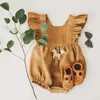 Rompers vintage linnen katoenen babymeisjes romper zomer ruches kanten mouwloze jumpsuit voor peutermeisjes uit één stuk kinderen kleding H240425