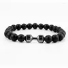 Charm Bracelets Natural Stone Dumbbell Beaded Bracelet For Men Classic Matte Black Volcanic Women Barbell Fitness Jewelry Gift