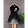 Designer Pluss-storlek Mesh Dress Summer Midlength Dress Simple Temperament Artistic Personality Street Splicing Diamond Flower Bow Pearl Stand Round Neck Dress Q12