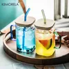Tumblers 600ML Glass Cup with wooden lid and colorful handles straws Milk coffee transparent drink cup Suitable for parties H240425