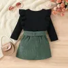 Set di abbigliamento set da ragazza da ragazza set a manica lunga a maniche lunghe Soluffle Stripe top e sorelle con gonna abbottonata verde abbinate