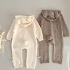 Één-stuks herfst winter peuter babyjongens meisje gebreide romper Koreaanse stijl lange mouwen vaste kleur kap baby baby gebreide jumpsuit