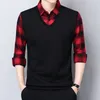 Smart Casual Formal Men Polo Polo Fake Two Two Plaid Street Vintage Male Vintage Male Spring Automne Fashion Business à manches longues Tops 240420