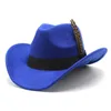 Chapéus de aba larga Chapéus de balde Fedoras Hat para mulheres Luxo Capéu de cowboy ocidental Novo cavalheiro gostoso chapéu de cinto de penas