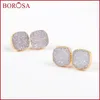 Boucles d'oreilles étalons uniques plaquées carrés naturels Titane AB Color Agate Druzy Geode Oreille de boucle d'oreille 12 mm Stone de guérison pour les femmes