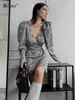 Robes décontractées bclut mode argenté robe léopard femme 2024 élégant v-couches bouffantes manche sexy mini-imprimé fête wrap femelle
