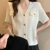 Kvinnors stickor Vintage Ice Silk Knit Sweater Women Cardigans Tops 2024 Summer Elegant Solid Fashion Knitwear T-Shirts Kort ärm V-Neck