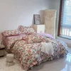 Sängkläder set koreansk stil vintage rosblommor tryckta spetsar rufsar ren bomullsflicka set - 1 täcke täcke lakan 2 örngott