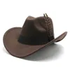 Chapéus de aba larga Chapéus de balde Fedoras Hat para mulheres Luxo Capéu de cowboy ocidental Novo cavalheiro gostoso chapéu de cinto de penas