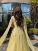 Party Dresses (SALE) Yellow Arabia Luxury Cape Sleeves Belt Beading Fashion Ladies Evening Host Dress Partydress Prom