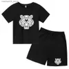 Zestawy odzieży Tiger Head Childrens Zestaw T-shirt 2-12-letni chłopcy i dziewczęta swobodny drukowany top z krótkim rękawem+spodenki Q240425